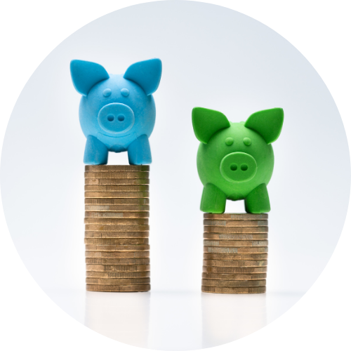 コインの上に乗っている青と緑の豚の人形画像