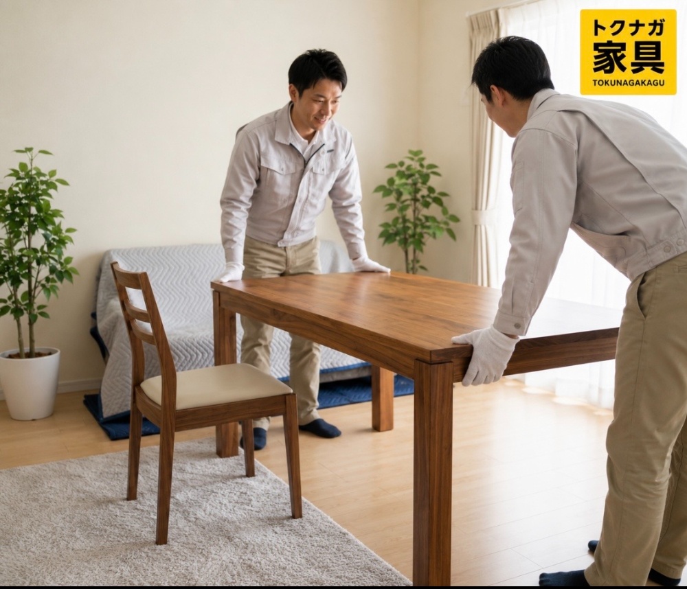 先輩スタッフと一緒に家具配送を行う配送スタッフ トクナガ家具 北九州