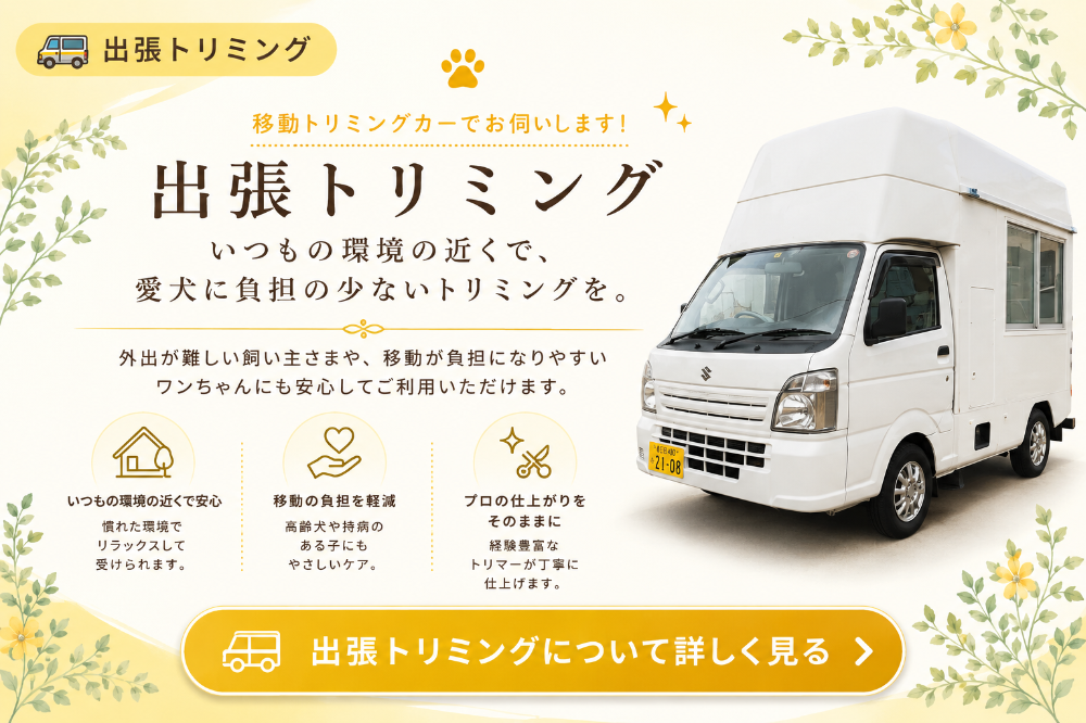 埼玉県三郷市のトリミングカー&サロンFortunaの出張トリミング。三郷市・八潮市・吉川市・草加市・越谷市周辺へトリミングカーで訪問し、愛犬のいつもの生活環境の近くでトリミングを行います。