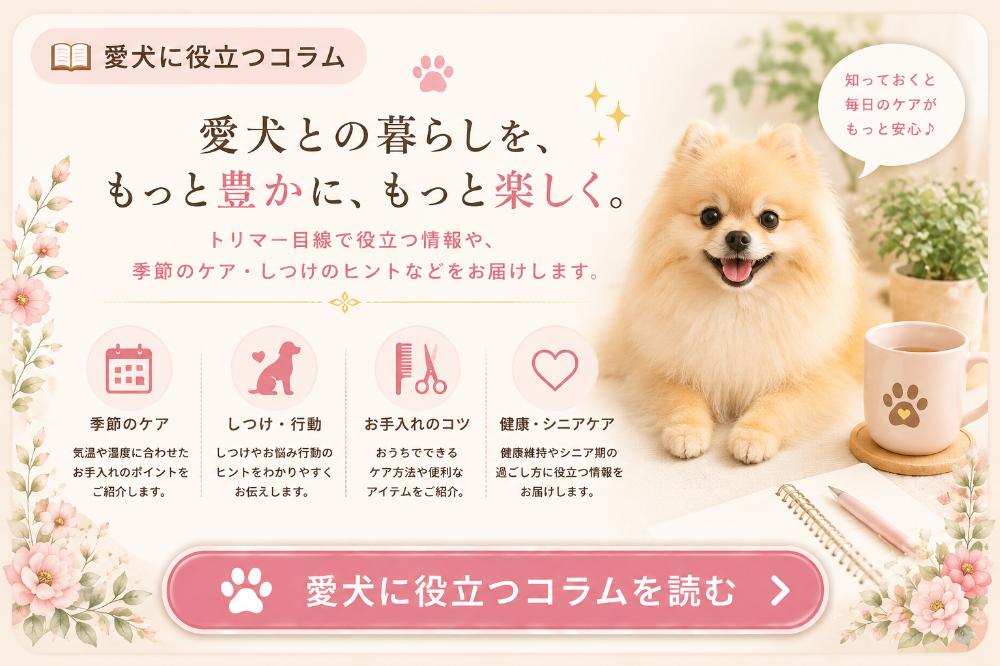 埼玉県三郷市のトリミングカー&サロンFortunaの愛犬に役立つコラム。犬の季節のケア、日常のお手入れ、トリミング、シニア犬との暮らしなど、飼い主様に役立つ情報を紹介しています。