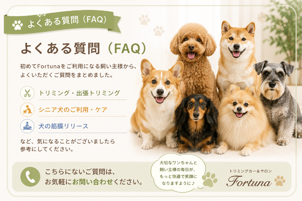 三郷市のトリミングカー&サロンFortunaのよくある質問(FAQ)。トリミング・出張トリミング・シニア犬ケア・犬の筋膜リリースについて、初めて利用する飼い主様向けに案内。ポメラニアン、コーギー、トイプードル、ダックスなど様々な犬種を掲載。