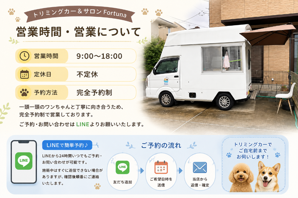 埼玉県三郷市のトリミングカー&サロンFortunaの営業時間・営業案内。営業時間9時〜18時、不定休、完全予約制。トリミングカーでご自宅前まで訪問し、犬のトリミングに対応。予約・問い合わせは公式LINEで受付。