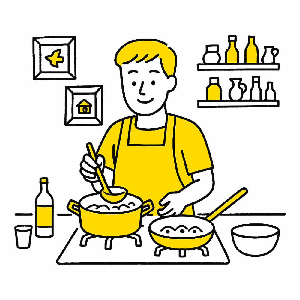 快適なキッチンで料理をする男性のイラスト|水回りのトラブルを解決する救急水道サービス