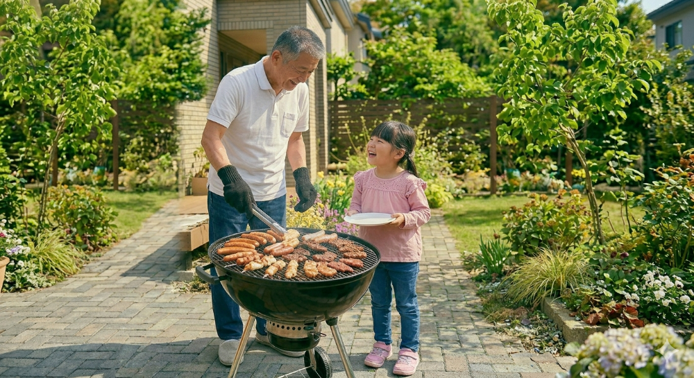 外でバーベキューをしている家族