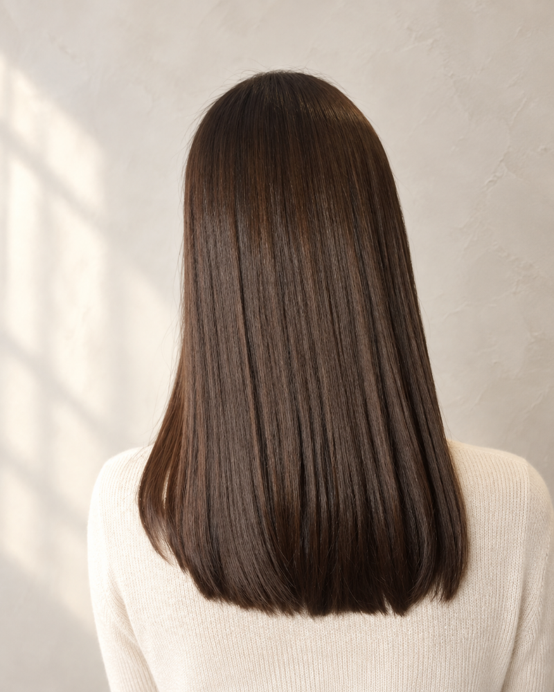 自然なブラウンのロングヘアとクリーム色のニット。手触りとまとまりをイメージした写真