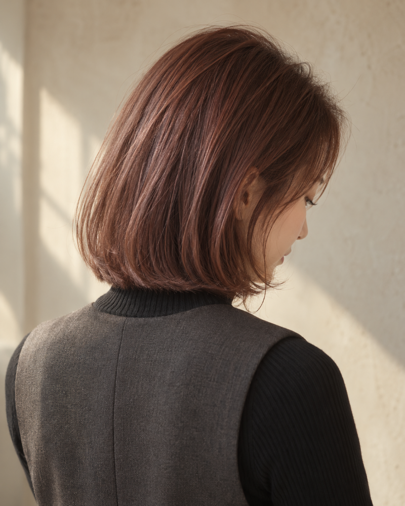 ローズブラウンのボブと、黒のニットにチャコールのベストを合わせたヘアカラーのイメージ