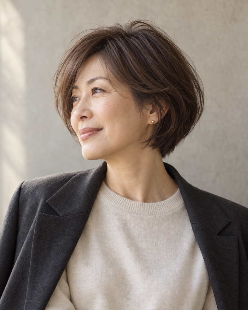 自然なブラウンのショートボブで、穏やかに微笑む大人の女性のヘアカラーイメージ