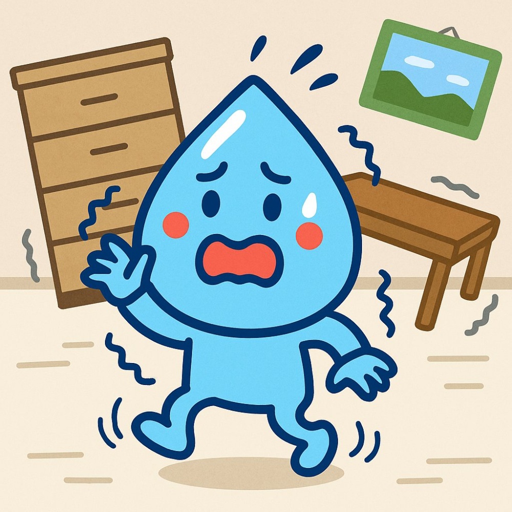 地震の揺れで驚く水滴のマスコットキャラクター