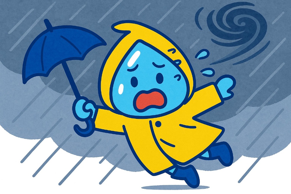 台風で飛ばされる☂️を持って雨ガッパを着た救急水道サービスの水滴マスコット