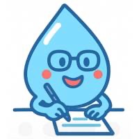 水道修理の作業報告を書く救急水道サービスの水滴マスコット