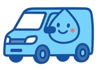 水道修理の作業車に乗る水滴マスコット