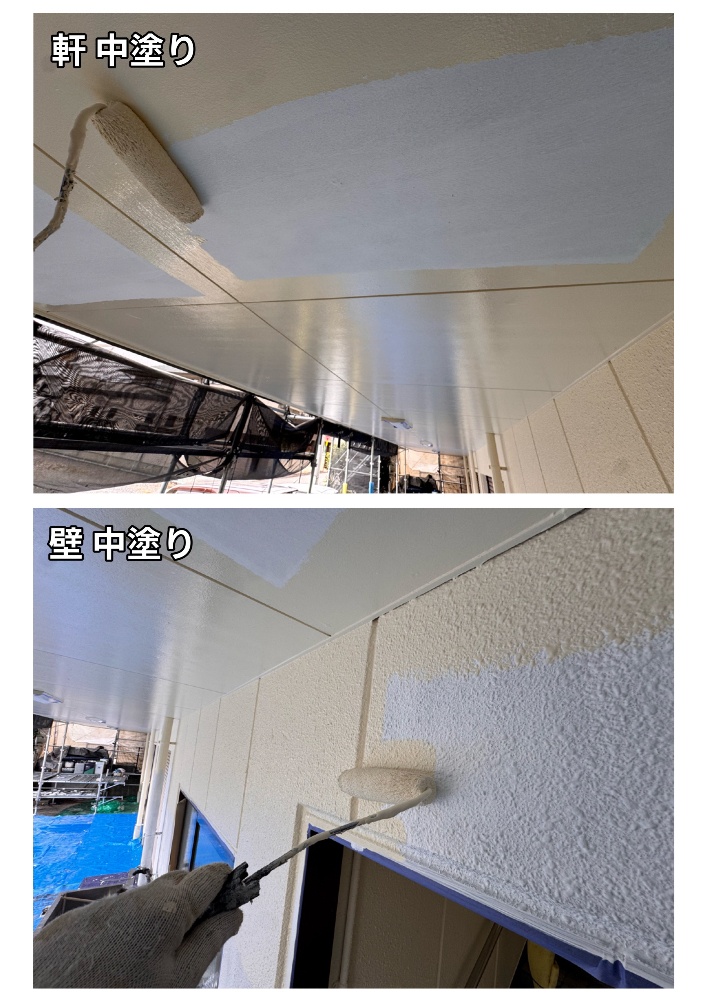 飯田市I様邸の外壁と軒の中塗り後の状態
