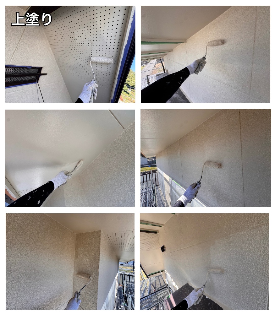 諏訪市K様邸の2階外壁の上塗り作業