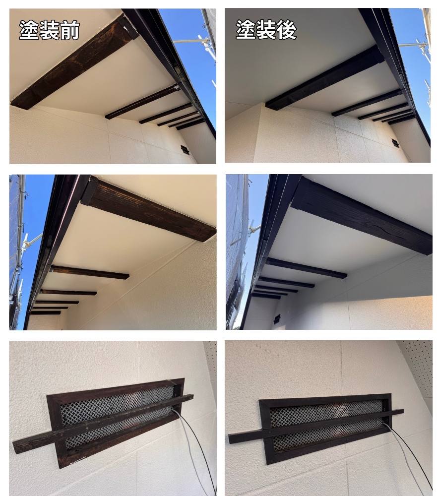 諏訪市K様邸の軒天木部などの塗装作業