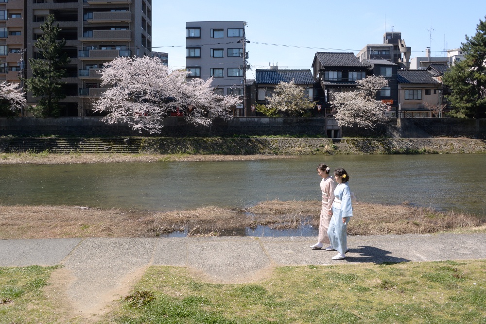 着物を着た女性2人が浅野川を歩いている
