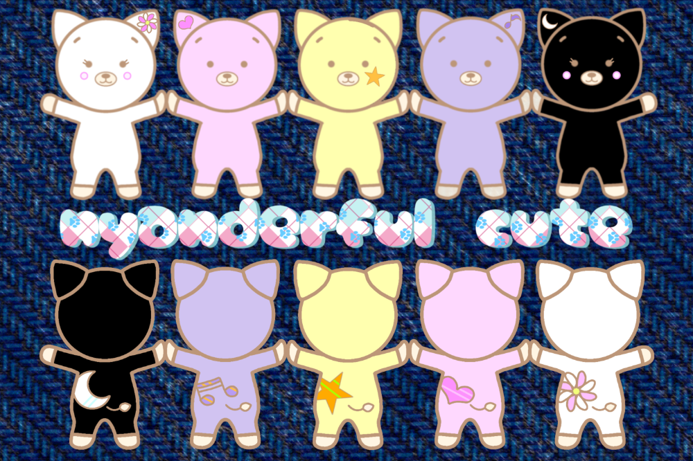 SUZURIにて販売開始のニューブランド｢nyanderful cute ｣の5匹の猫ちゃん達の前姿、後ろ姿のイラストです