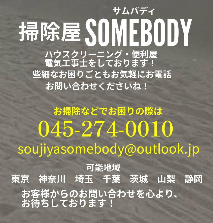 掃除屋SOMEBODY
横浜でおそうじハウスクリーニングなら掃除屋SOMEBODYで格安！交通費や駐車費追加料金は1円もかかりません。余計な人件費カットで余計な出費¥0！！各種クリーニングなんと¥7,500~！！