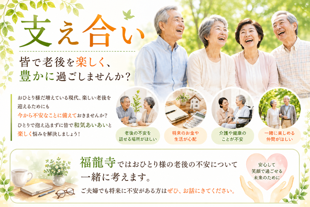 支え合い 皆で老後を楽しく、豊かに過ごしませんか？ おひとり様だ増えている現代、楽しい老後を迎えるためにも今から不安なことに備えておきませんか？ ひとりで抱え込まずに皆で和気あいあいと楽しく悩みを解決しましょう！  福龍寺ではおひとり様の老後の不安について一緒に考えます。 ご夫婦でも将来に不安がある方はぜひ、お話にきてください。