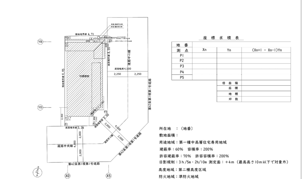 道路・敷地境界・建物配置・敷地求積・法規条件を一枚に整理した確認申請図面の作成例