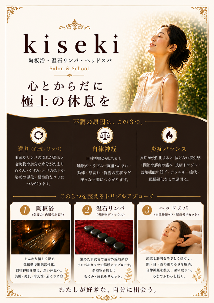 kiseki【陶板浴・温石リンパ・水素吸入】自律神経×デトックス