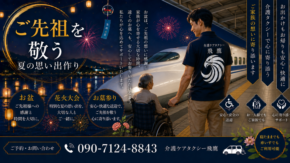 広島県福山市・尾道市・府中市の『介護ケアタクシー飛鷹』ご都合に合わせた柔軟かつ確実な対応を心掛けています。車いす・リクライニング車いすに対応。その他のお迎え可能な地域は、府中市・三原市・神石高原町・世羅町

























