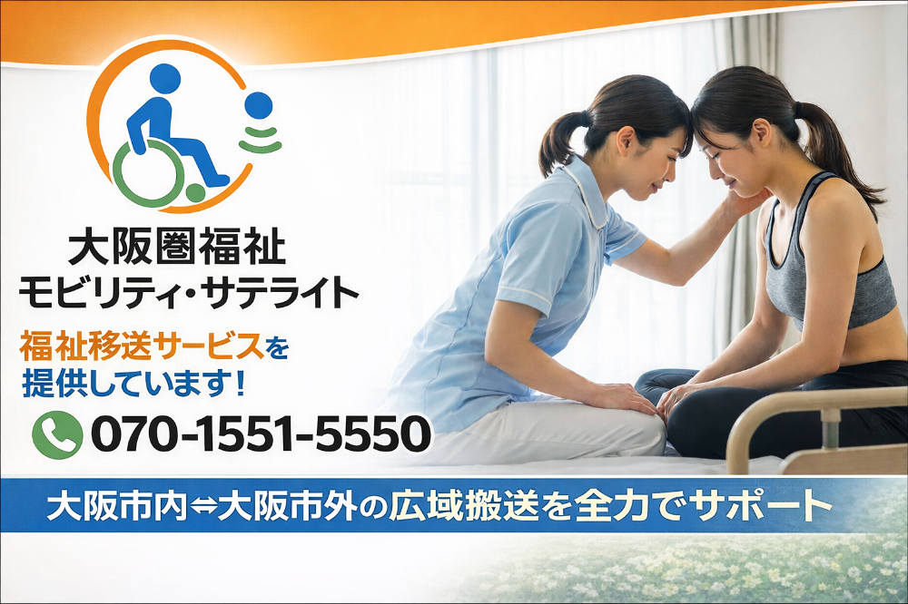 寝屋川市・門真市・守口市・箕面市・高槻市の介護タクシー事業者が大阪府内全域で医療・介護移送を全力でサポート│大阪市内・大東市・四條畷市・交野市・枚方市・豊中市・吹田市・池田市・茨木市・摂津市ほか通院・退院・転院対、女性介助│大阪圏福祉モビリティ・サテライト