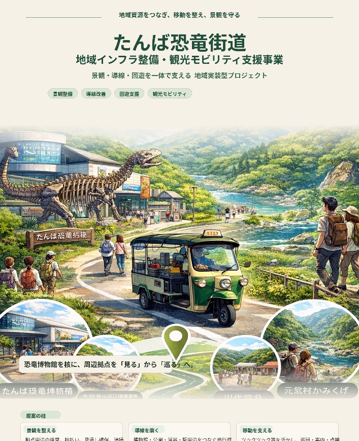 1193ツゥクツゥク「たんば恐竜街道の景観整備と観光モビリティ支援を表現した構想イメージ」