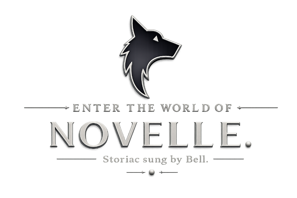 NOVELLE.公式サイトのリッスンナウページ用ロゴ画像。黒背景にシルバーの狼ロゴと「ENTER THE WORLD OF NOVELLE.」の文字、Bellが歌う物語を表現したデザイン。