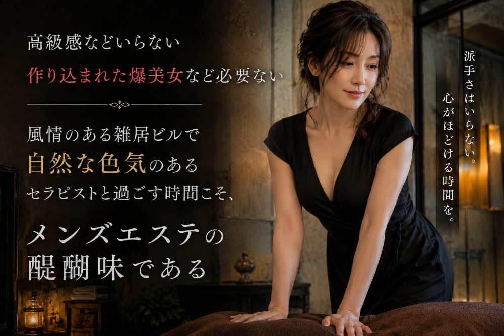 高級感などいらない。  作り込まれた爆美女も必要ない。  風情のある雑居ビルの一室で、 自然な色気のあるセラピストと過ごす。  それこそが、メンズエステの醍醐味である。
